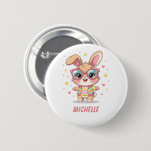 Cute monogram girly bunny wearing glasses 6 cm round badge
