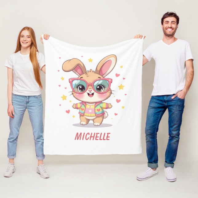 Cute monogram girly bunny wearing glasses fleece blanket (In Situ)