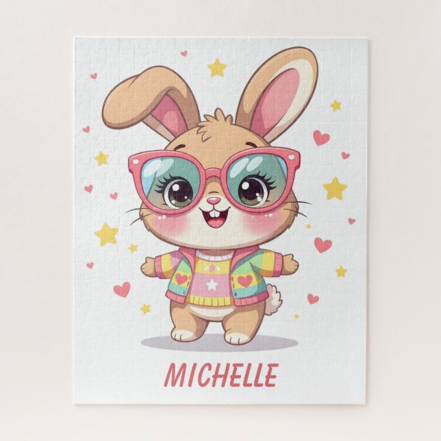 Cute monogram girly bunny wearing glasses jigsaw puzzle (Vertical)