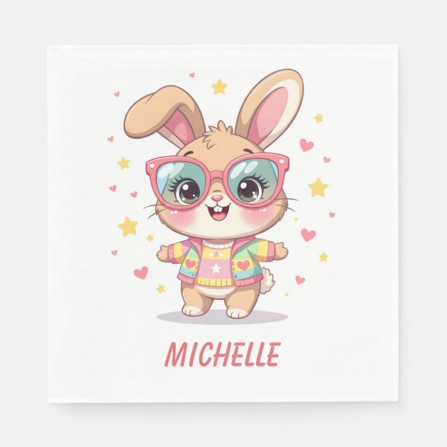 Cute monogram girly bunny wearing glasses napkin (Front)