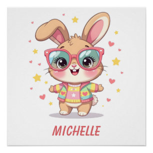 Cute monogram girly bunny wearing glasses poster