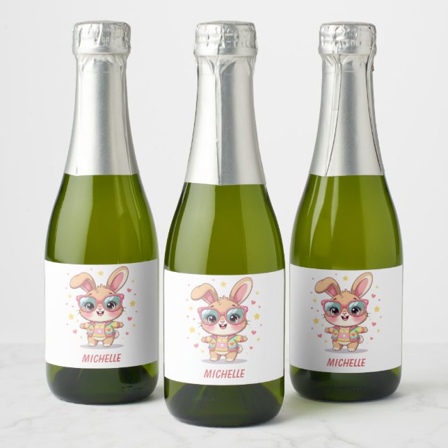 Cute monogram girly bunny wearing glasses sparkling wine label (Bottles)