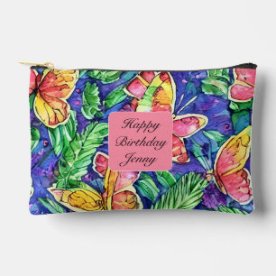 Cute monogram Happy birthday Pink Butterflies Accessory Pouch