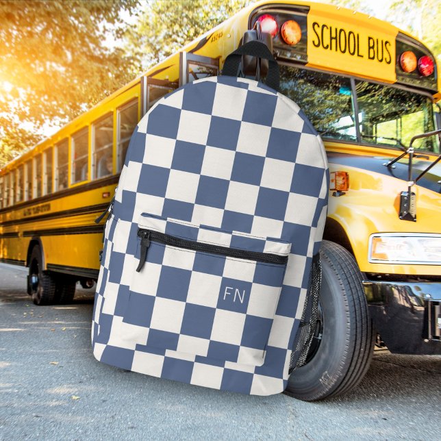 Cute Monogram Initials & Blue Chequerboard Printed Backpack (Creator Uploaded)