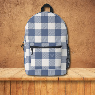 Cute Monogram Initials Blue Gingham Buffalo Check Printed Backpack