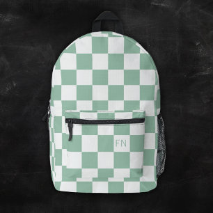 Cute Monogram Initials & Green Chequerboard Printed Backpack