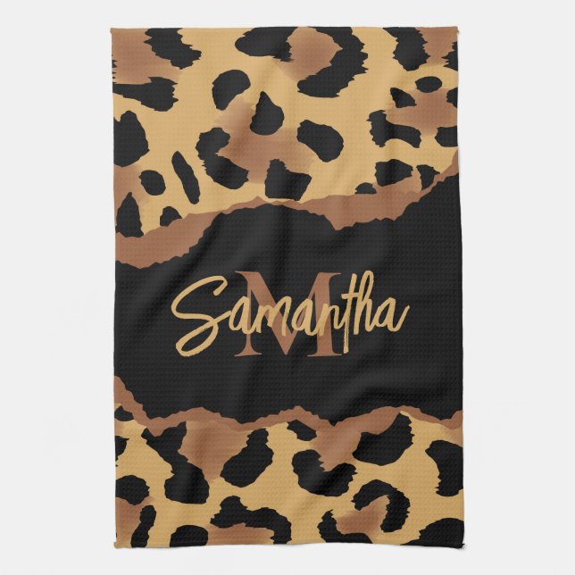 Cute Monogram Leopard Print Tea Towel (Vertical)