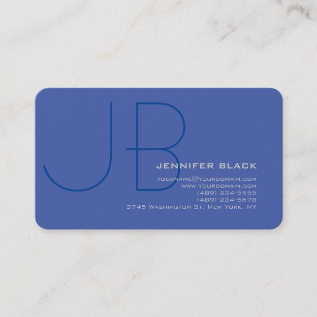 Cute Monogram Medium Blue Plain Minimalist Business Card (Front)