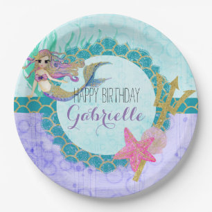 Cute Monogram Mermaid Teal & Purple Happy Birthday Paper Plate