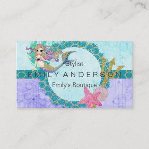 Cute Monogram Mermaid Teal & Purple Watercolor Business Card