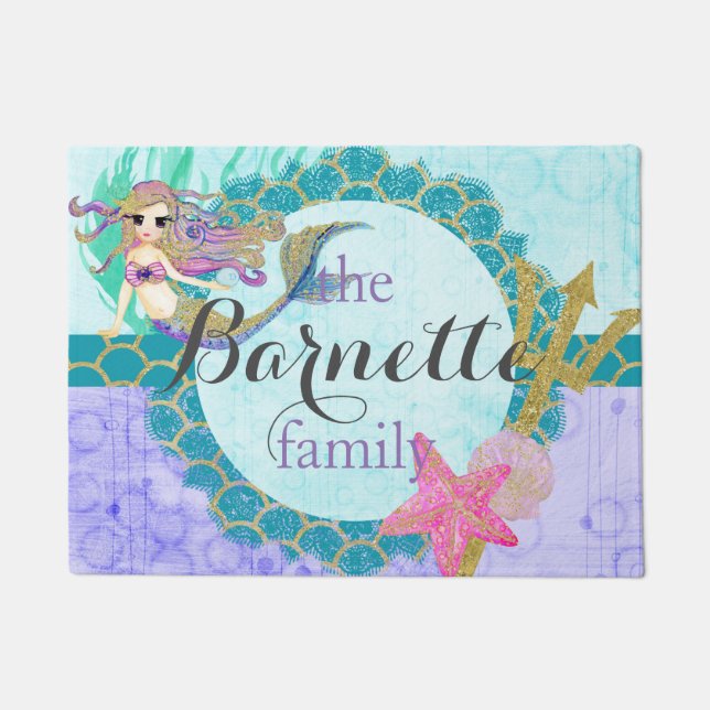 Cute Monogram Mermaid Teal & Purple Watercolor Doormat (Front)