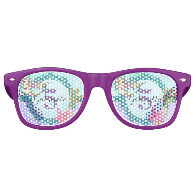 Cute Monogram Mermaid Teal & Purple Watercolor Retro Sunglasses (Front)
