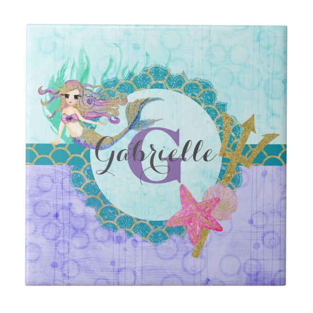 Cute Monogram Mermaid Teal & Purple Watercolor Tile (Front)