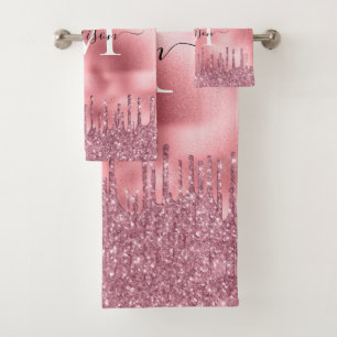 Cute Monogram Metallic Blush Pink Dripping Glitter Bath Towel Set