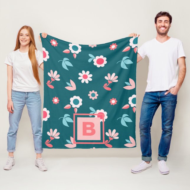 Cute Monogram Modern Pink and Teal Floral Pattern Fleece Blanket (In Situ)