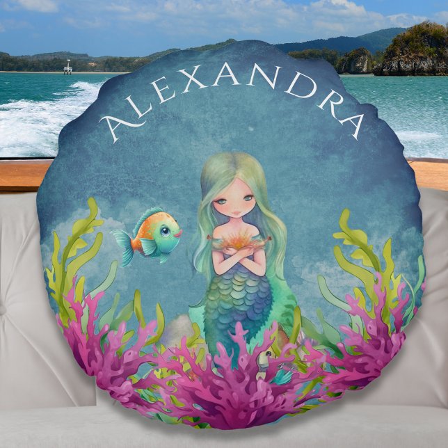 Cute Monogram Name Blue Watercolor  Mermaid Round Cushion (Creator Uploaded)