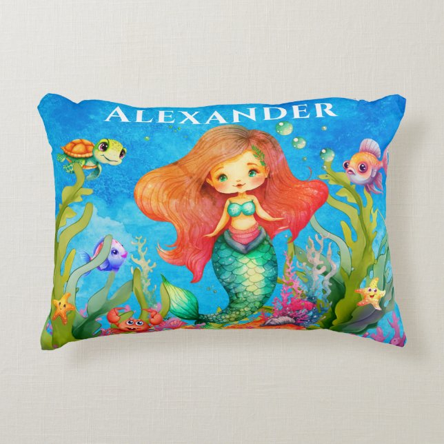 Cute Monogram Name Coastal Mermaid Decorative Cushion (Front)