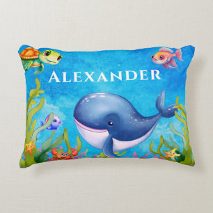 Cute Monogram Name Coastal Sea Turtle and Whale Decorative Cushion