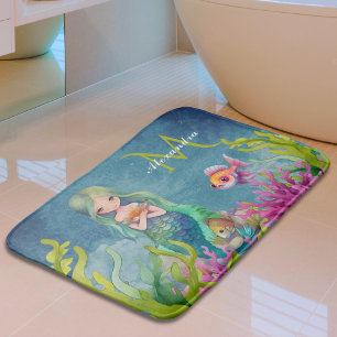 Cute Monogram Name  Mermaid Bath Mat