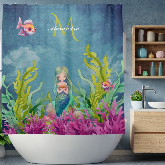 Cute Monogram Name Mermaid Shower Curtain (Creator Uploaded)