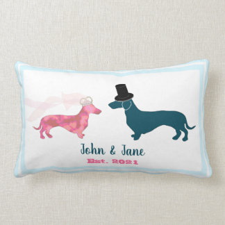 Cute Monogram Newlyweds Dachshund Dogs Pale Blue Lumbar Cushion