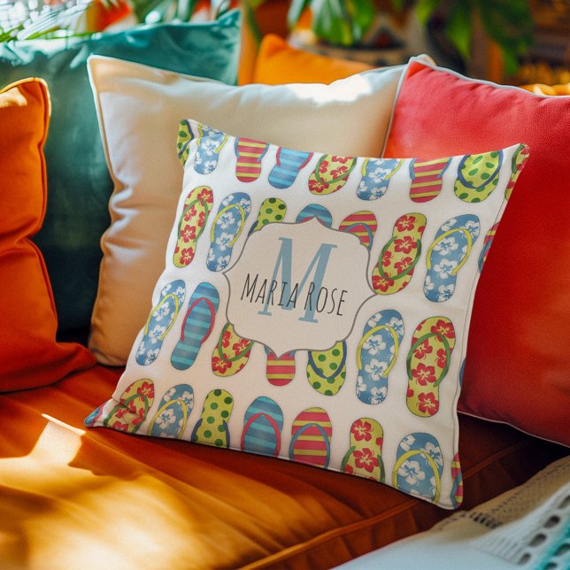 Cute Monogram Personalised Beach Cushion (Monogram cute flip flops artwork throw pillow. )