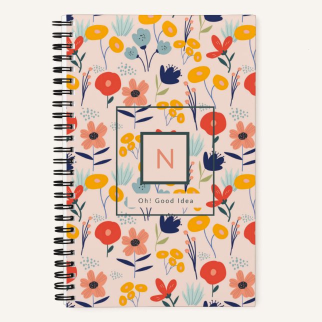 Cute Monogram Pink Flowers Pattern Notebook (Front)