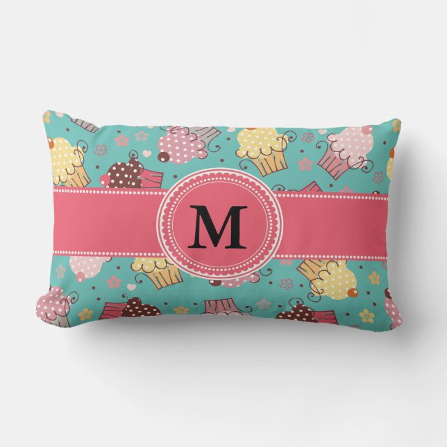 Cute Monogram Pink Teal and Yellow Cupcake Lumbar Cushion (Front)
