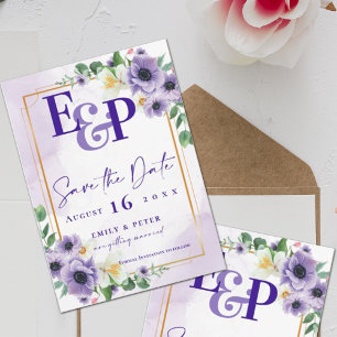 Cute Monogram Purple Floral Wedding Save The Date