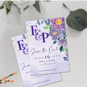 Cute Monogram Purple Floral Wedding Save The Date