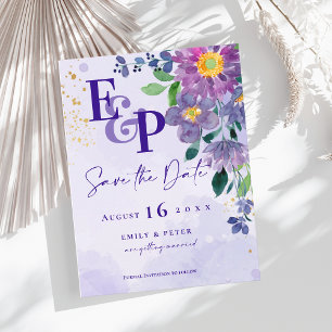 Cute Monogram Purple Floral Wedding Save The Date Postcard