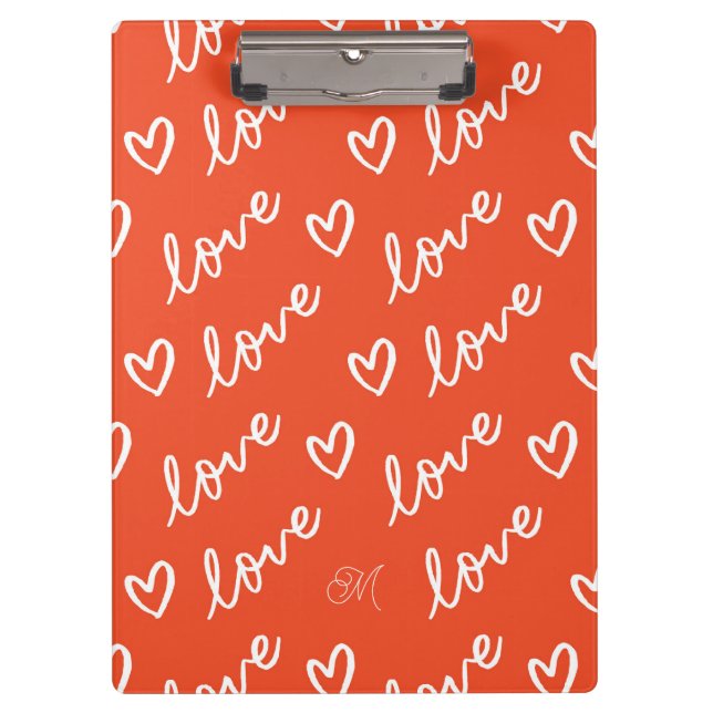 Cute Monogram Red Lettering Love & Heart Doodles Clipboard (Front)