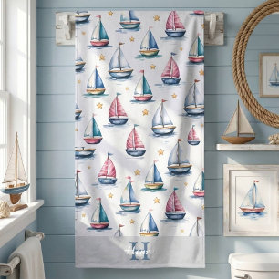 Cute Monogram Sailboat & Name Kids Bath Towel