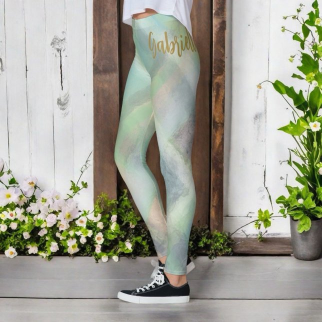 Cute monogram script plaid teal yellow grey green  leggings (Creator Uploaded)