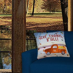 Cute Monogram Thanksgiving Orange Truck Pumpkins Cushion