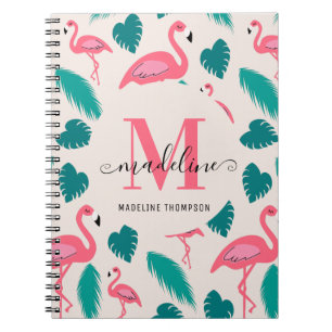 Cute Monogram Tropical Leaves Hot Pink Flamingo Notebook