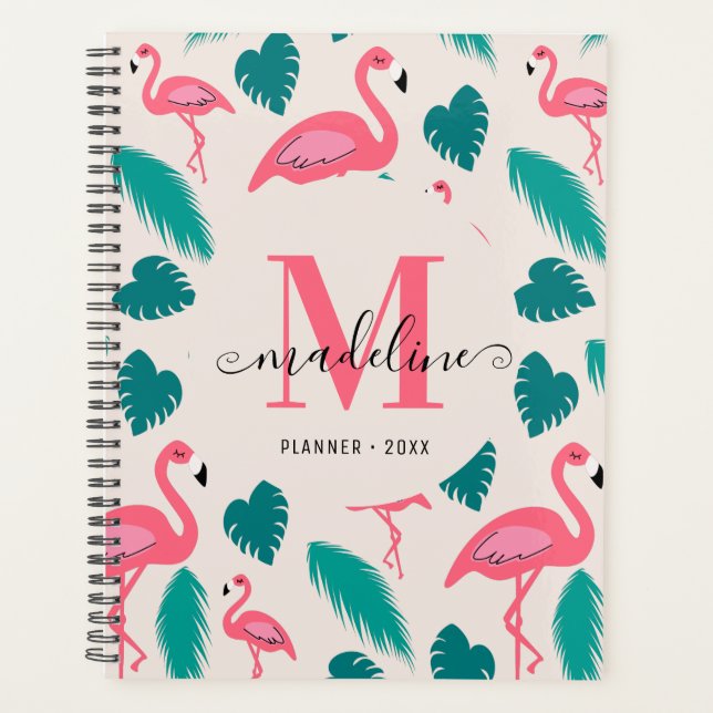 Cute Monogram Tropical Leaves Hot Pink Flamingo Planner (Front)