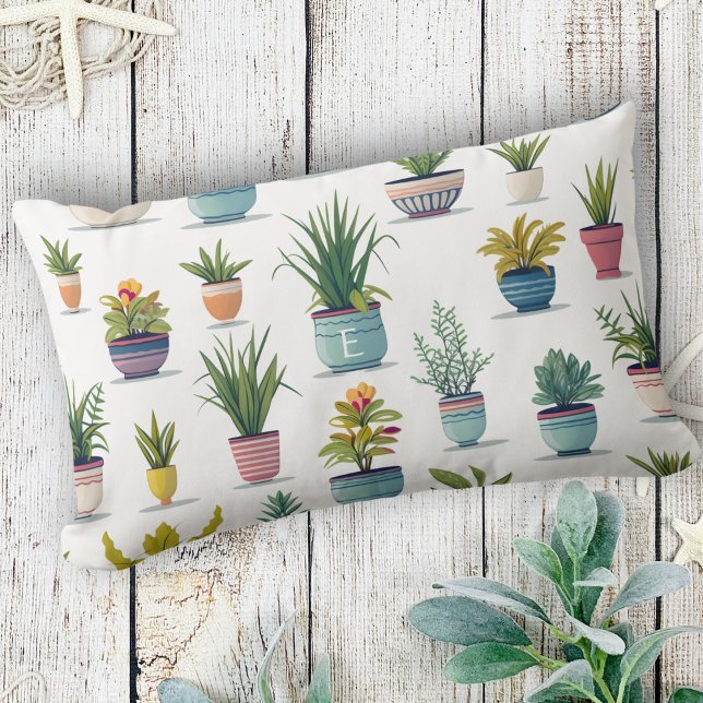 Cute Monogram Watercolor Pot Plants  Lumbar Cushion (Creator Uploaded)
