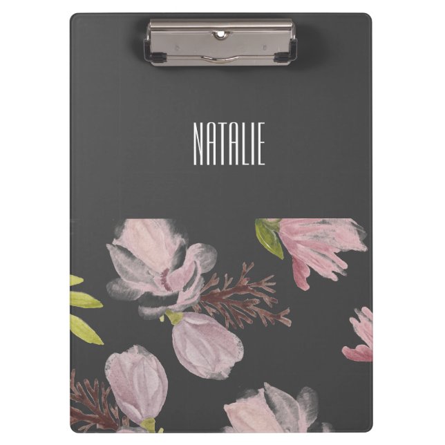 Cute monogrammed flower pattern grey and pink clipboard (Front)