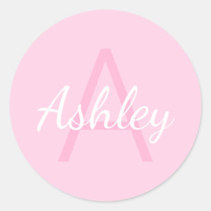 Cute Monogrammed Girl's Name Pink & White Classic Round Sticker