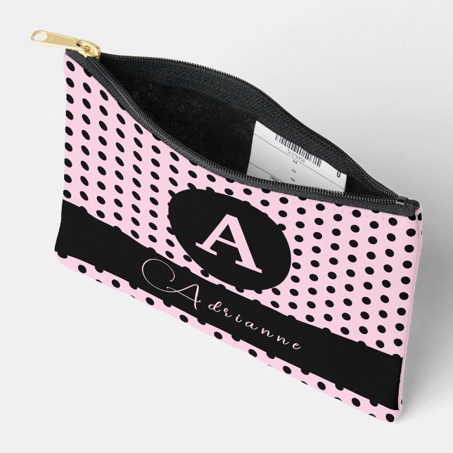 Cute Monogrammed Pink and Black Polka Dots Accessory Pouch (Creator Uploaded)