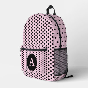 Cute Monogrammed Pink and Black Polka Dots Printed Backpack