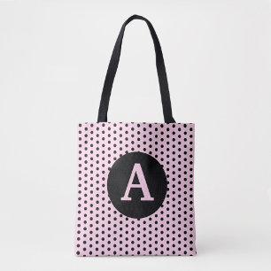 Cute Monogrammed Pink with Black Polka Dots Tote Bag