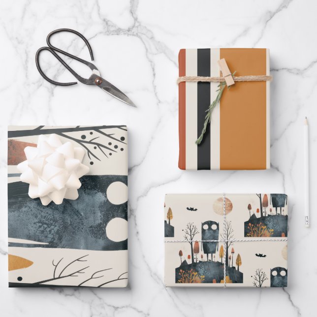 Cute Monster Autumn Colours Whimsical Halloween Wrapping Paper Sheet (Front)