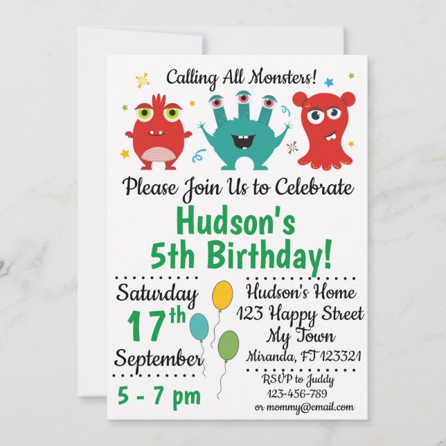 Cute Monster birthday invitation (Front)