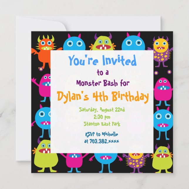 Cute Monster Birthday Party Invitation Templates (Front)