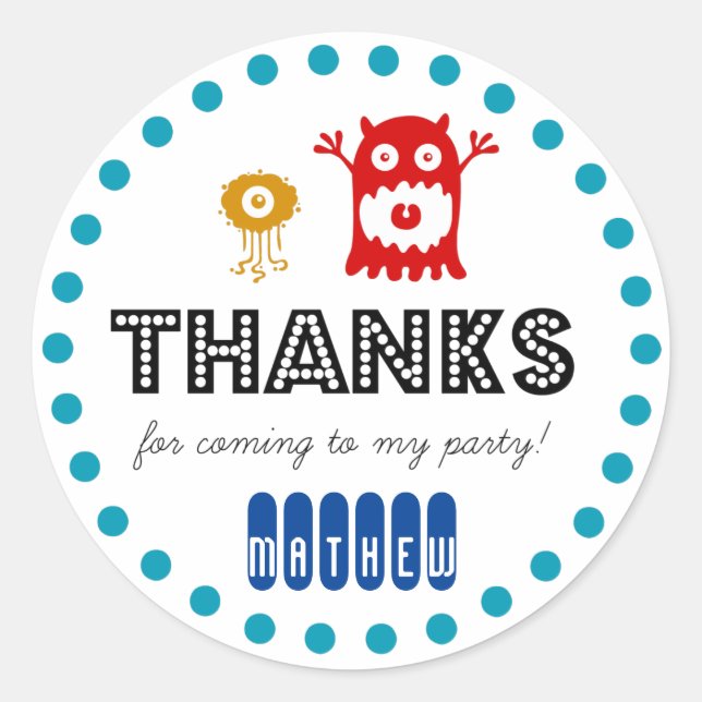Cute monster birthday party sticker, thank you classic round sticker (Front)