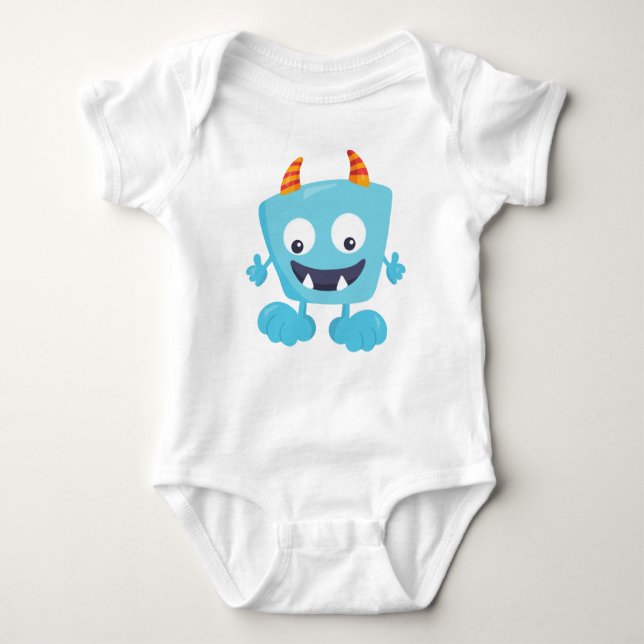 Cute Monster, Blue Monster, Funny Monster, Horns Baby Bodysuit (Front)