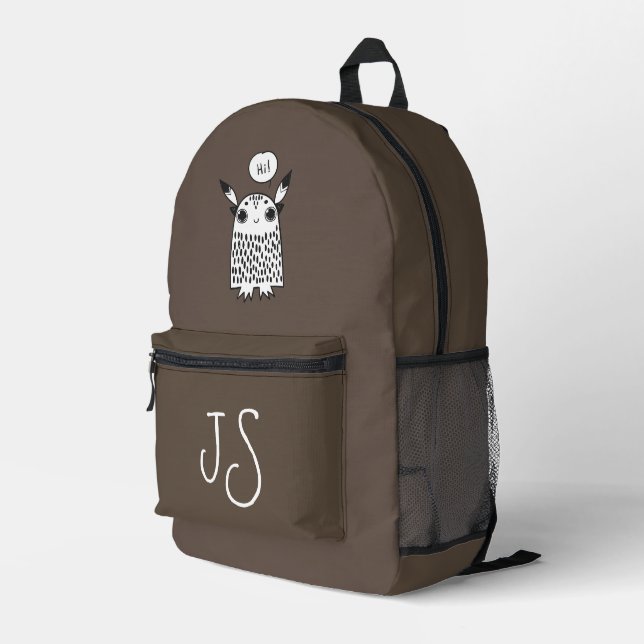 Cute monster chocolate brown monogram minimalist  printed backpack (Back Corner Right)