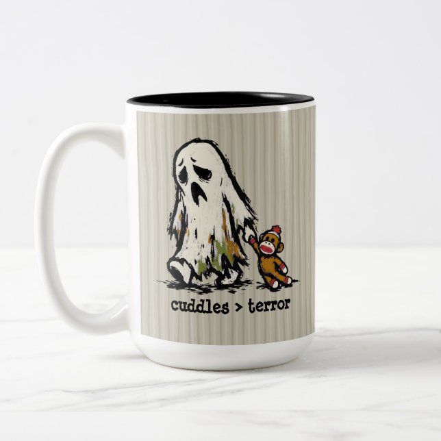 Cute Monster Ghost Sock Monkey Toy Funny Phrase Two-Tone Coffee Mug (Left)